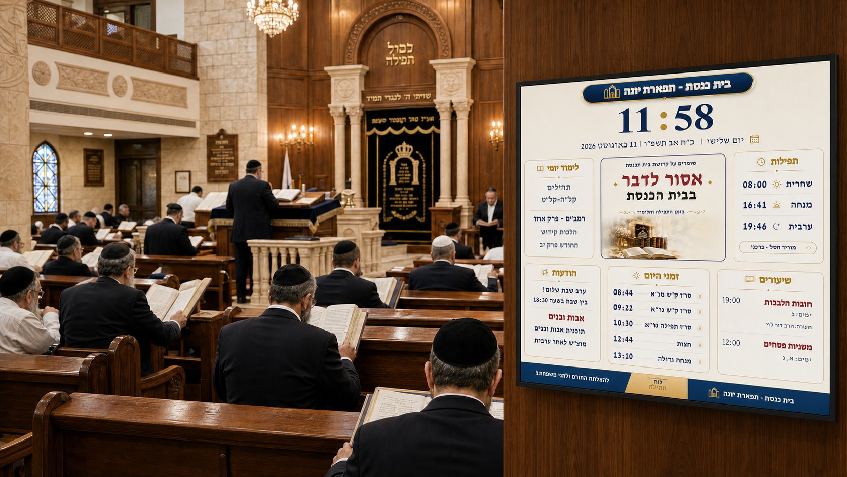 לוח תהילה מוצג בבית כנסת יהודי בזמן תפילה ולימוד